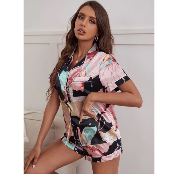 Satin Floral 2 Piece Pajama Set Button Down Shirt and Shorts - Picture 4 of 6